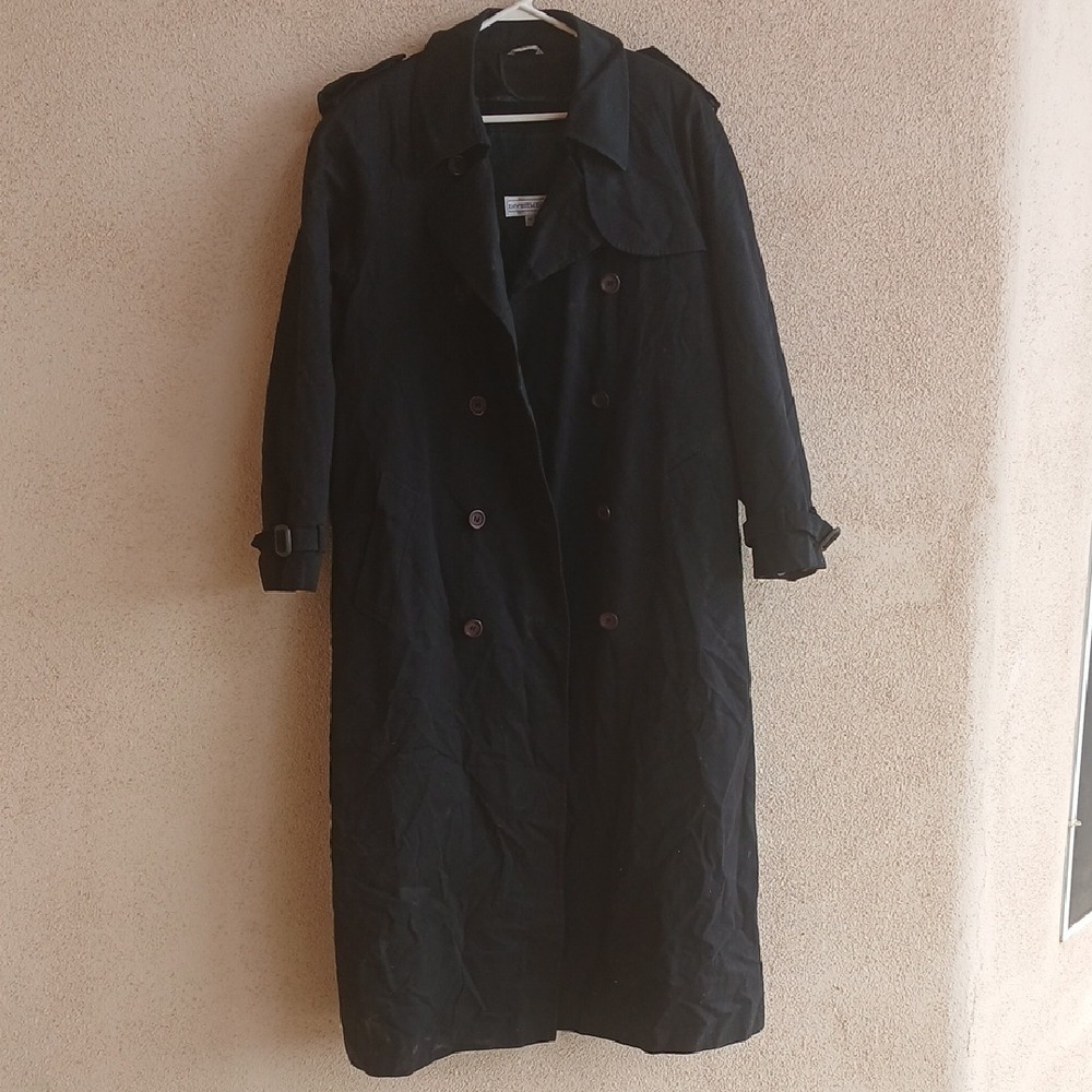 Investments Black Trench Coat with Notched Lapel and Full-Length Design